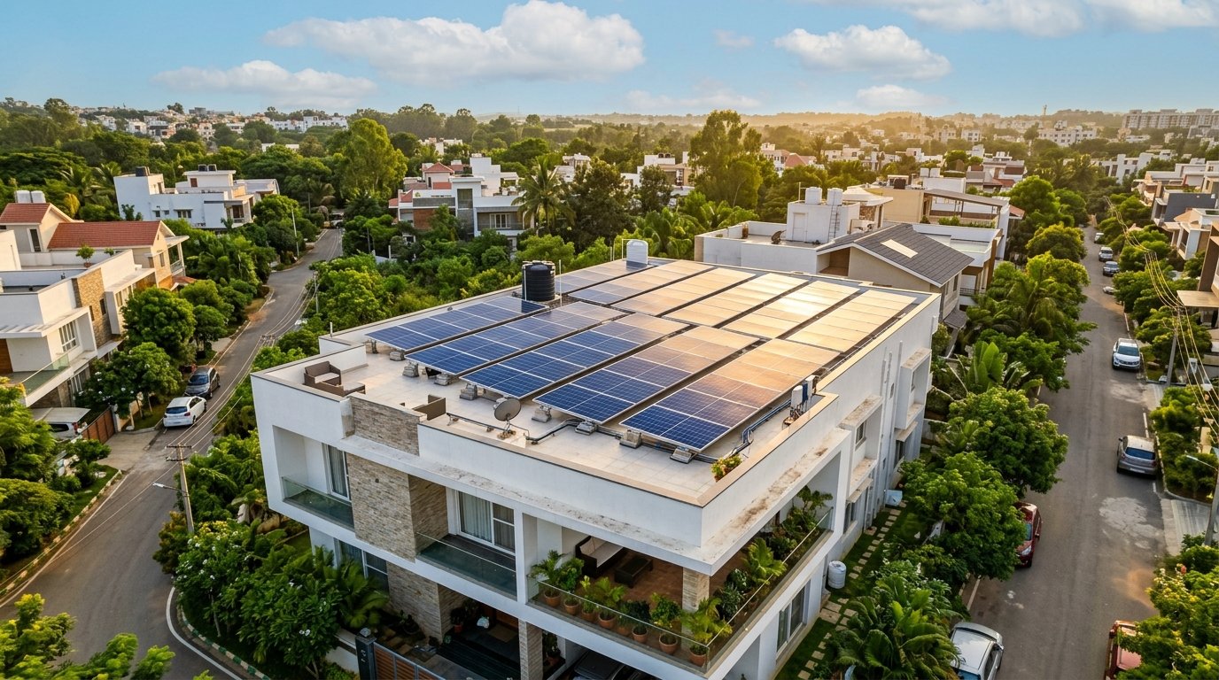 Solar powered home with sunny backdrop